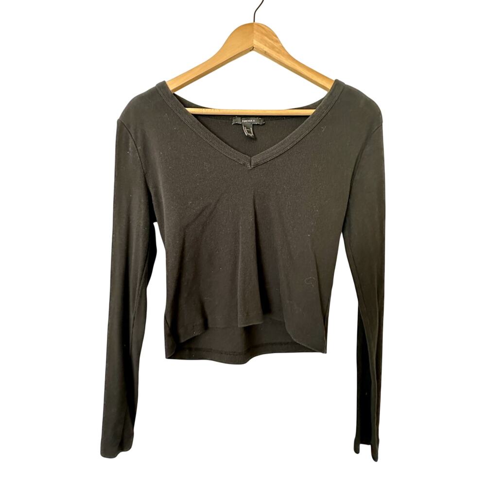 Forever 21 Black Cropped V-Neck Long Sleeve Top Women’s XL